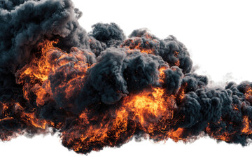 A massive explosion with fiery orange flames and thick, dark grey smoke billowing dynamically, isolated on a green screen background. background removed
