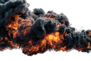 A massive explosion with fiery orange flames and thick, dark grey smoke billowing dynamically, isolated on a green screen background. background removed