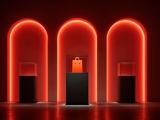 Fototapeta premium Three display cases, illuminated by vibrant neon red light, showcasing an orange shopping bag in a modern gallery setting.