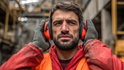 Man wearing ear protection in industrial setting.