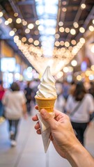A hand holding a waffle cone filled with soft serve ice cream in a crowded market