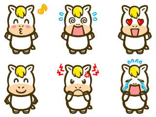 Obraz premium 落書き風のかわいい馬の喜怒哀楽イラスト素材セット