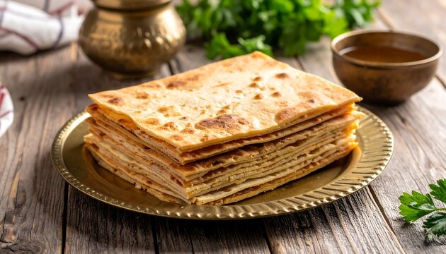 Stack of Matzo Bread on Rustic Wooden Table, Traditional Jewish Passover Unleavened Flatbread