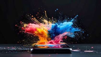 écran de téléphone avec explosion de peinture et de couleur sur fond noir en ia