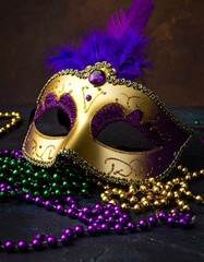 Golden masquerade mask with purple accents and beads