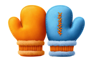 A vibrant pair of warm winter mittens; one orange with a fluffy cuff, the other blue with decorative lacing. background removed
