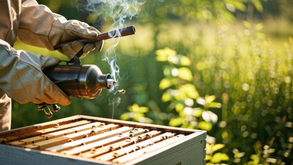 Beekeeping action smoker use in a bee hive outdoor garden nature photography close-up view conservation concept