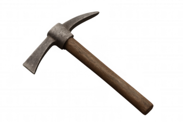 Pickaxe with rustic wooden handle offering durability, digging tools for construction and mining, transparent background