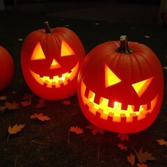 Glowing carved pumpkins for Halloween night, illuminated from within.