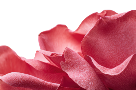 A vibrant close-up of coral pink rose petals, showcasing their delicate texture and gentle curves against a solid transparent background. background removed