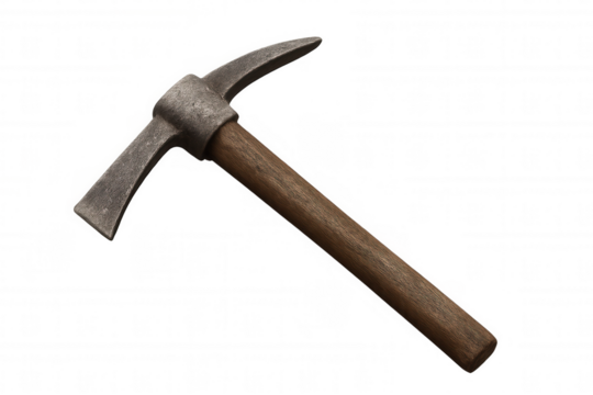 Pickaxe with rustic wooden handle offering durability, digging tools for construction and mining, transparent background