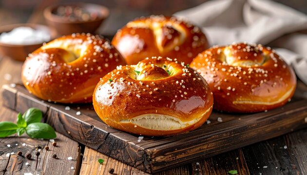 Fresh Pretzel Buns with Coarse Salt on Cooling Rack, Rustic Bakery Bread Closeup