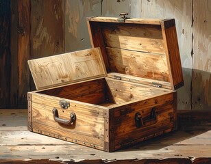 Open wooden chest on rustic table