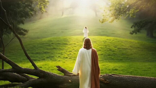 Jesus walking towards a bright light in a green field.