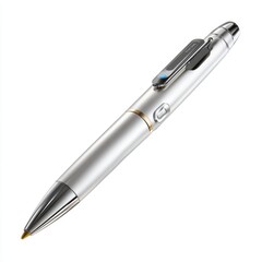Naklejka premium Sleek metallic pen with integrated presentation clicker and laser pointer on white background