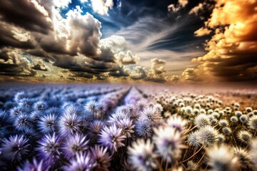 Dreamy landscape with wildflowers and dramatic sky creating a serene atmosphere