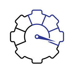 Performance icon. Management. Speedometer like a gear with a maximum needle. manager, success. outline design style.