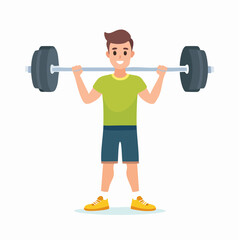 Cartoon illustration of a smiling young man holding a heavy barbell on his shoulders.