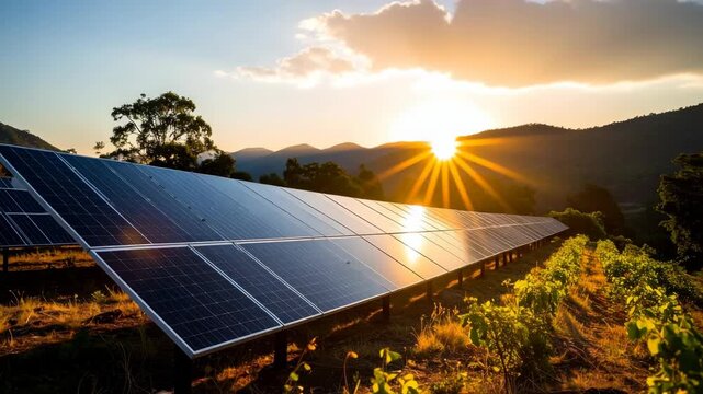 Panoramic view of solar panels in a vineyard reflecting sunbursts during sunset, environmentally conscious alternative energy concept, trees and mountains in background.