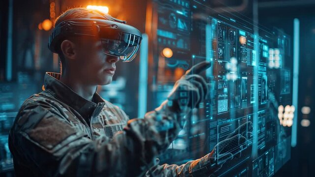 A soldier using augmented reality technology for data analysis.
