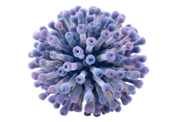 A highly magnified, spherical structure covered in numerous textured, purple-blue tentacle-like protrusions, resembling a complex virus or microscopic organism. background removed