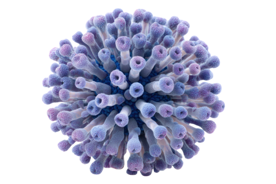 A highly magnified, spherical structure covered in numerous textured, purple-blue tentacle-like protrusions, resembling a complex virus or microscopic organism. background removed