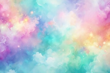Dreamy pastel watercolor background with clouds and sparkling light effects