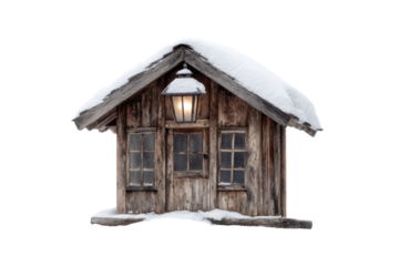 A charming, snow-covered rustic wooden cabin with a warm glowing lantern, door, and two windows, evoking a cozy winter atmosphere. background removed
