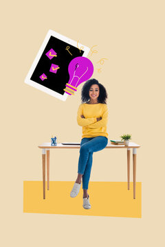 Fototapeta Vertical zine artwork pop trend collage of happy freelancer businesswoman stand workplace table ai app light bulb strategy