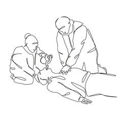 One continuous single drawing line art flat doodle patient, hospital, doctor, unconscious, medicine, resuscitation, cpr. Isolated image hand draw contour on a white background, hand drawn, not AI
