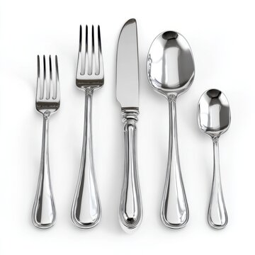 Polished silverware set including two forks a knife a tablespoon and a teaspoon isolated on white