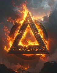 Fiery, triangular symbol in flames