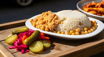 Nohutlu pilav, Traditional Chickpea Rice Dish, Turkish street food, rice with chicken, peas and pickles