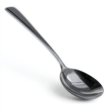 A polished silver tablespoon lies on a clean white background metal cutlery