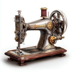 Antique sewing machine with ornate gold detailing and red thread spool on white background