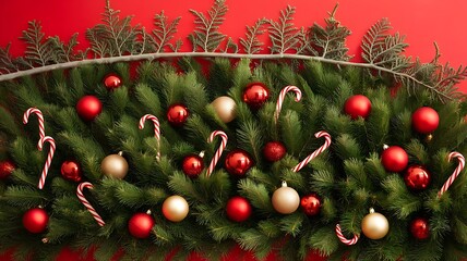 Festive Christmas Garland Adorned with Ornaments and Candy Canes against a Red Backdrop Offers a Warm Holiday Greeting