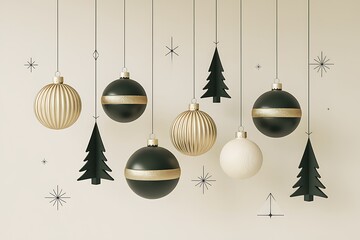 Elegant Christmas Ornament Arrangement Featuring Golden Ribbed Balls and Dark Green Christmas Trees Against a Beige Background 