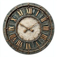 Obraz premium Antique wall clock with Roman numerals and ornate gold hands on a textured surface