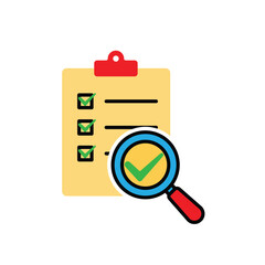 Evaluation icon. Management. Evaluation sheet with magnifying glass and check mark. manager, success. flat design style.