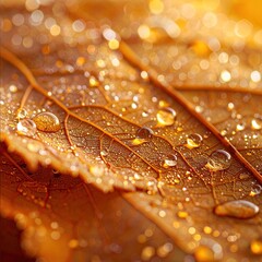 Close-up of autumn leaf with dew drops
