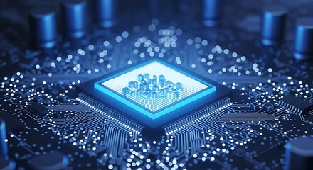 High quality image of closeup view of a glowing blue computer processor chip on a circuit board with intricate details and illuminated components
