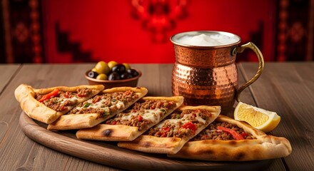 Pide turkish pizza with ayran and olive traditional food made with minced meat, on a wooden table red background