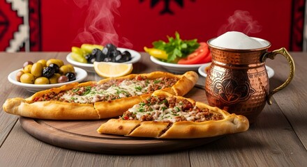 Pide turkish pizza, ayran olive traditional food made with minced meat, on wooden table red background