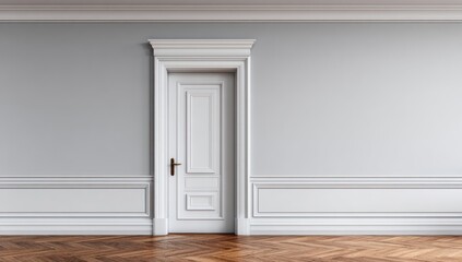 Fototapeta premium A classic, light-gray room with a single, white door and intricate wall moldings, evoking a sense of elegance and quiet luxury.