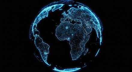 Stunning digital globe pulsates with glowing blue data streams and interconnected financial symbols, representing global network and economic growth in a dark futuristic landscape.