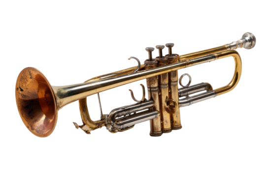 An old, worn brass trumpet featuring tarnished and shiny sections, valves, and a flared bell, isolated on a transparent background. background removed