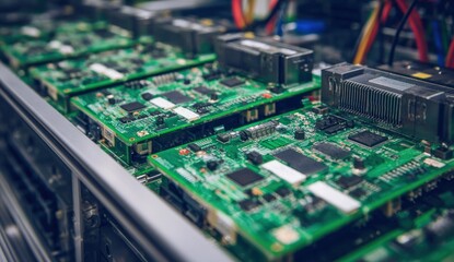 Obraz premium Close-up of green circuit boards in a row.