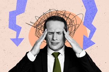 Banner image photo collage of upset businessman cry headache arrow decline statistics bankruptcy...