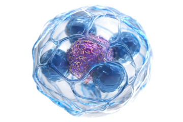 3D medical illustration: central purple diseased cell, likely cancerous or infected, surrounded by attacking blue immune cells. Biological process. background removed