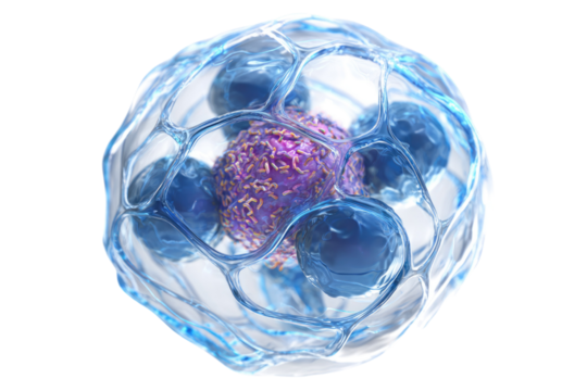 3D medical illustration: central purple diseased cell, likely cancerous or infected, surrounded by attacking blue immune cells. Biological process. background removed - Powered by Adobe
